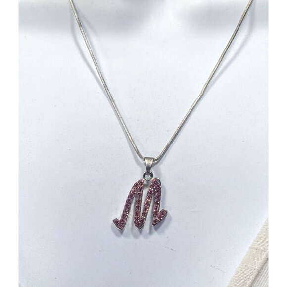 Pink Rhinestone M Monogram Silver Tone Pendant Necklace - Picture 6 of 8